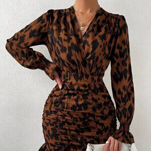 Ruched Ruffled Leopard Surplice Long Sleeve Dress